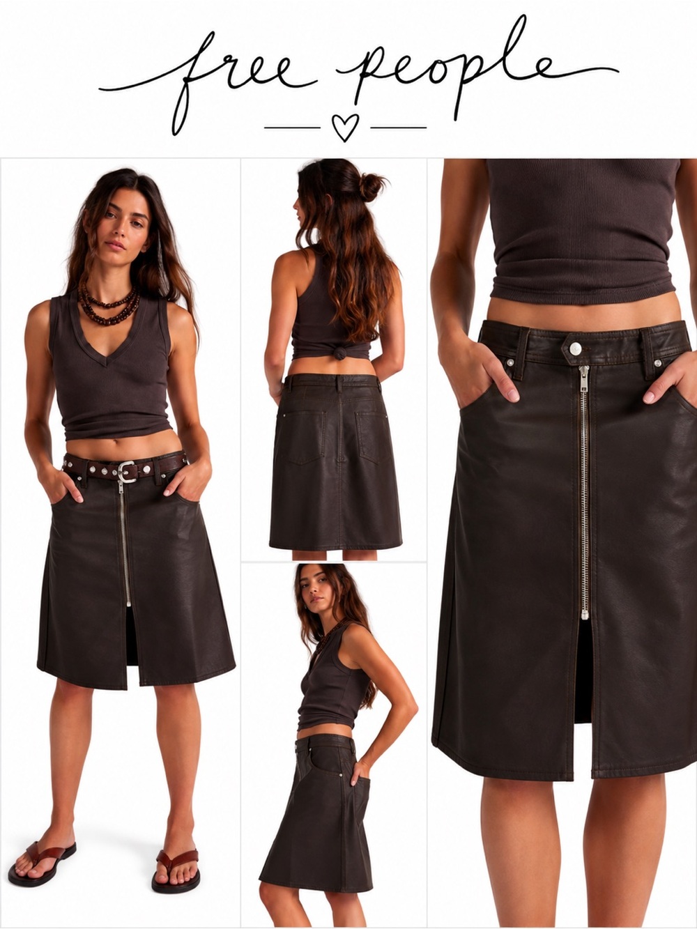 Free People Sycamore Vegan Zip-Front Midi Skirt Mid Rise 5 Pocket Design 27